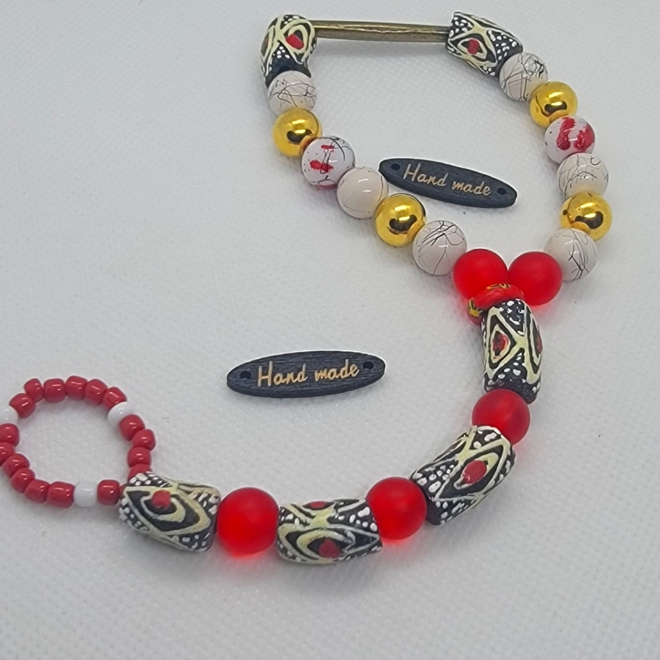 African Trade Beads Bracelet/Ring Combination Jewelry